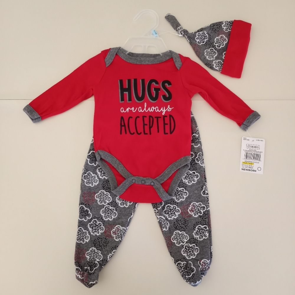 Newborn Boys Hugs Always Accepted 3 Piece Bodysuit Pants Hat Set NWT